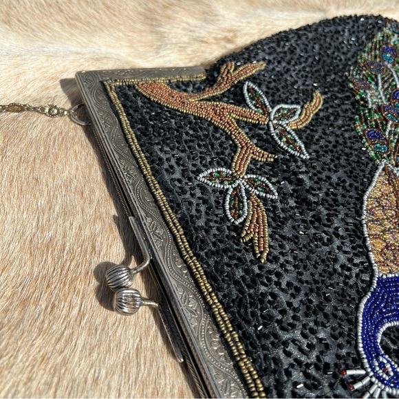 Antique Vintage Art Deco Large Beaded Sequin Peacock Long Chain Shoulder Bag - Picture 9 of 13